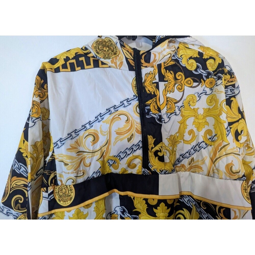 Reason Brand Baroque Chain Print Hooded Windbreaker Anorak Jacket XL Black Gold - Picture 3 of 7
